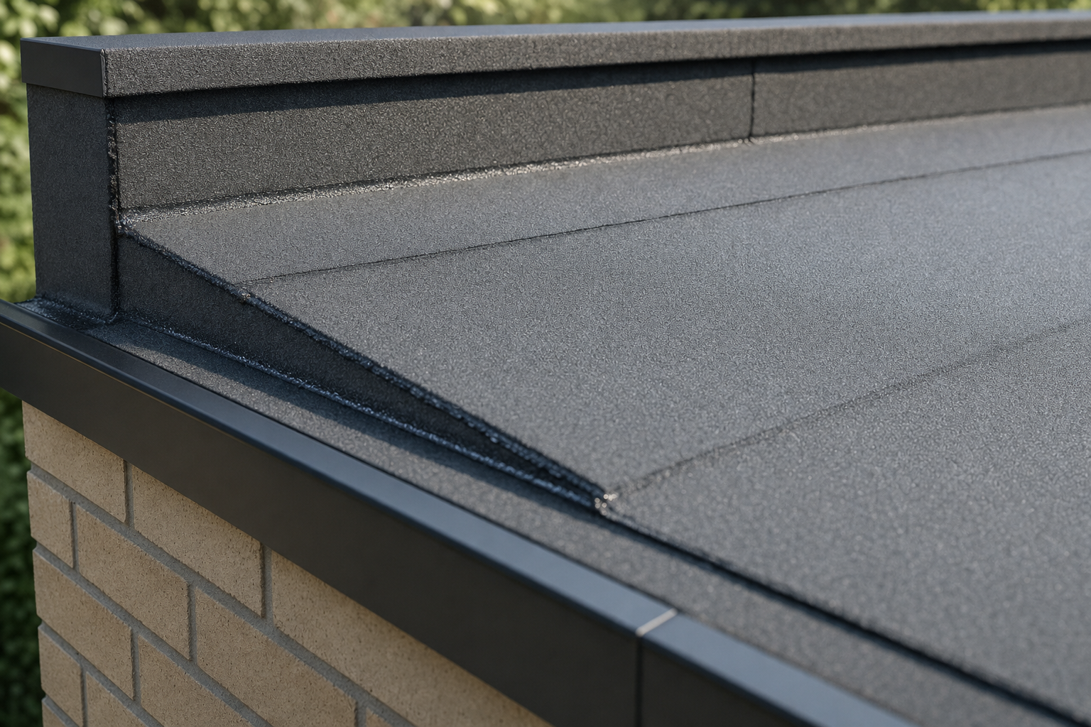 Close-up of a flat, grey asphalt roof with a brick wall edge, situated outdoors.
