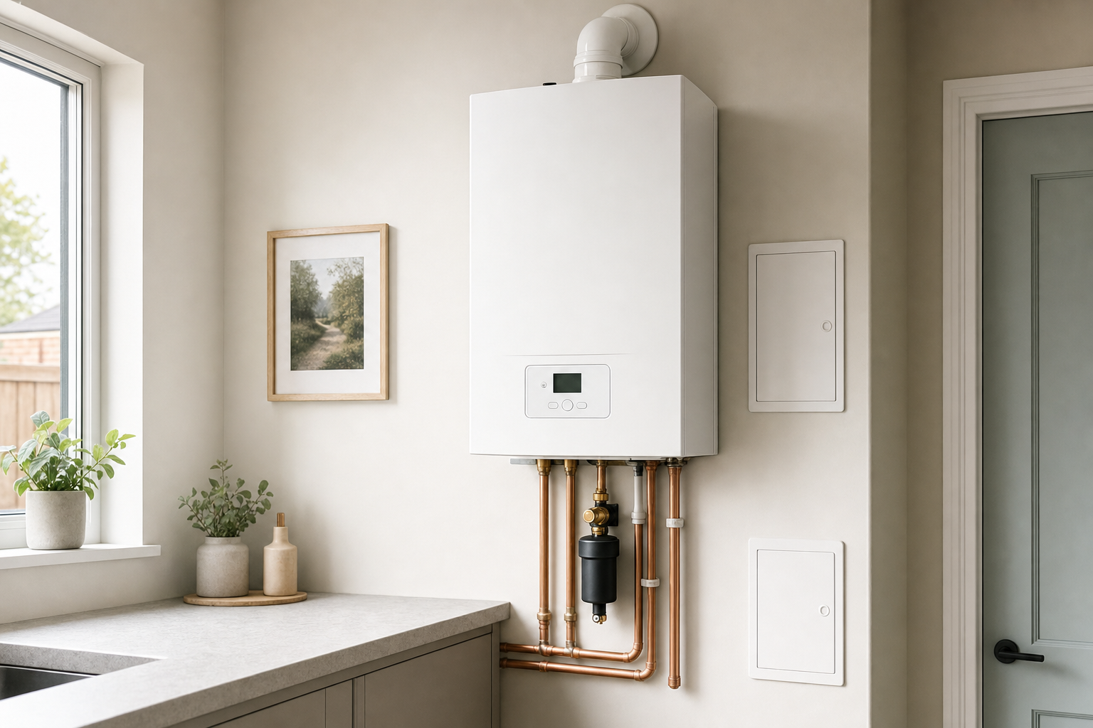 A modern gas boiler with copper piping is mounted on a kitchen wall, next to a window with potted plants.