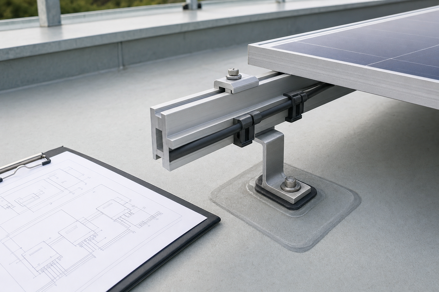 A solar panel mounting frame is secured with bolts next to technical drawings on a clipboard.