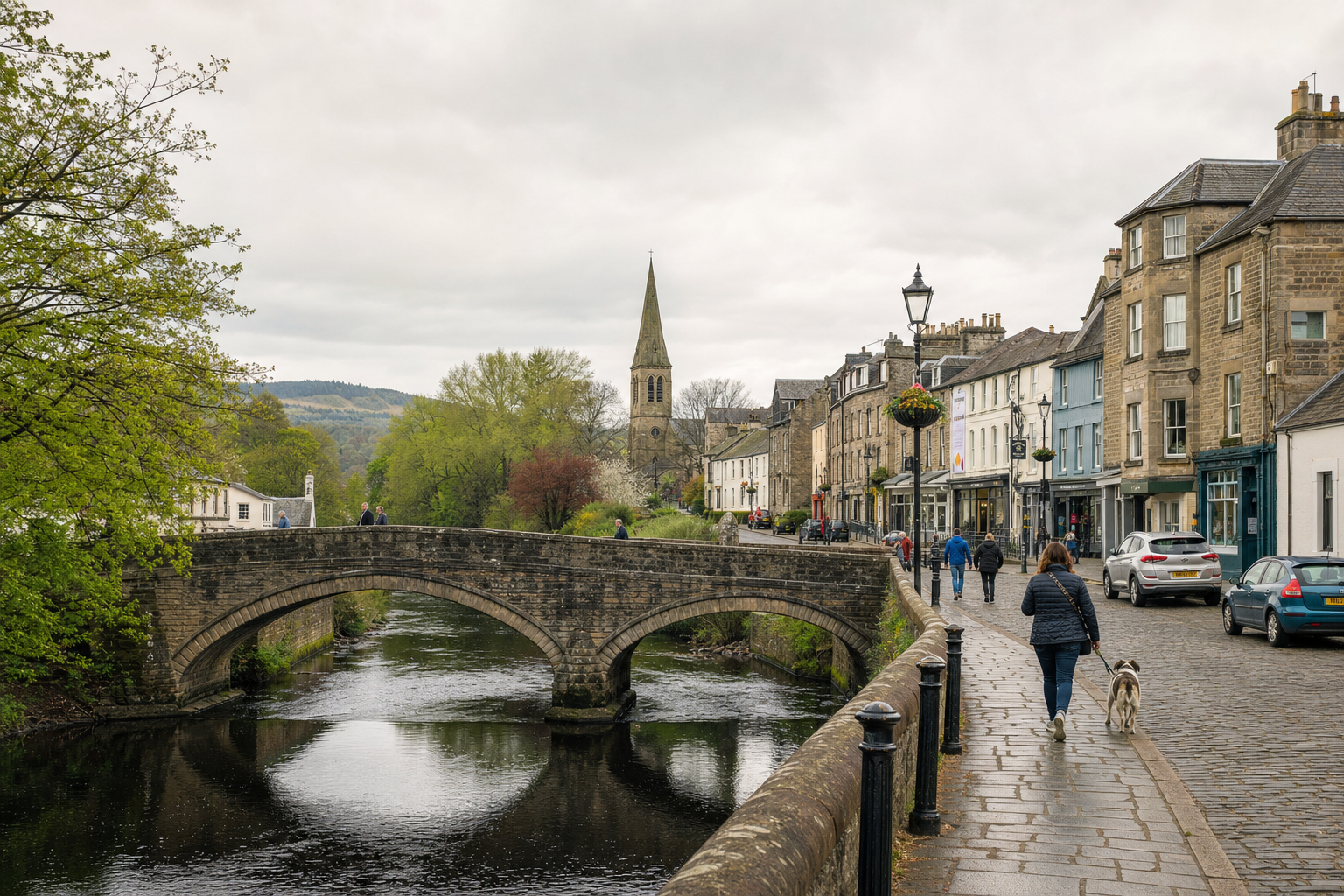 A stone bridge over a river with a church spire in the background, lined with historic buildings and people walking on the cobblestone path.