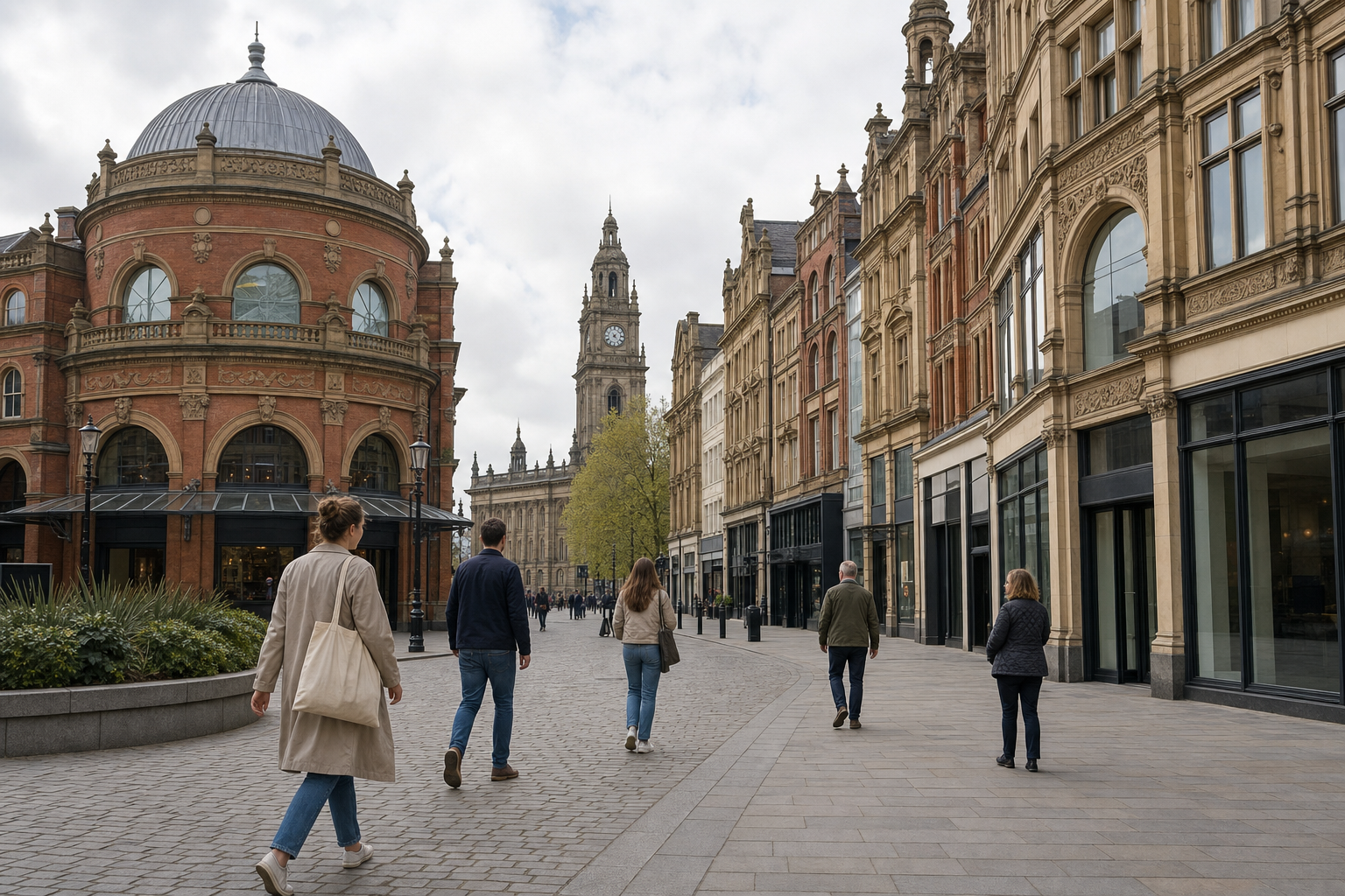 People walking along a cobblestone street lined with historic buildings and a prominent clock tower in the background.