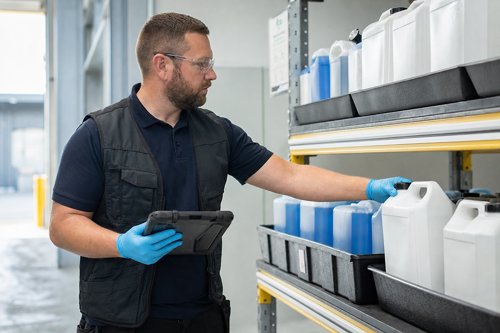 This image shows a warehouse technician wearing protective gloves while scanning and inspecting chemical containers