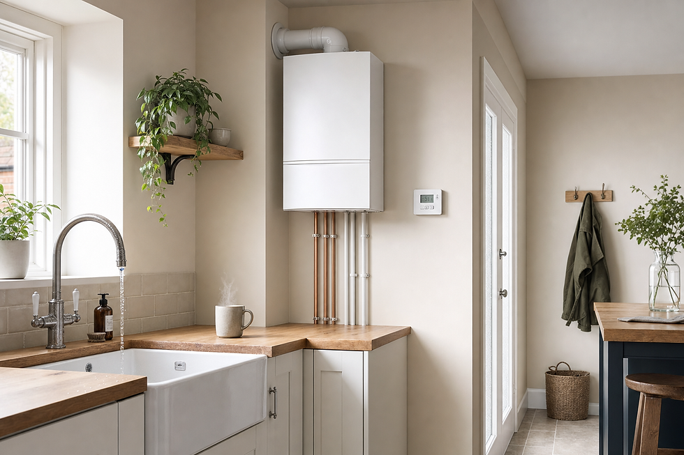 A modern kitchen corner with a white boiler, wooden countertops, and green plants on a shelf above.