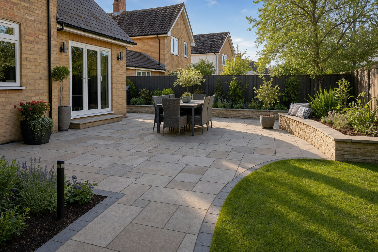 Modern patio with garden furniture and lush plants on a sunny day in a suburban garden.