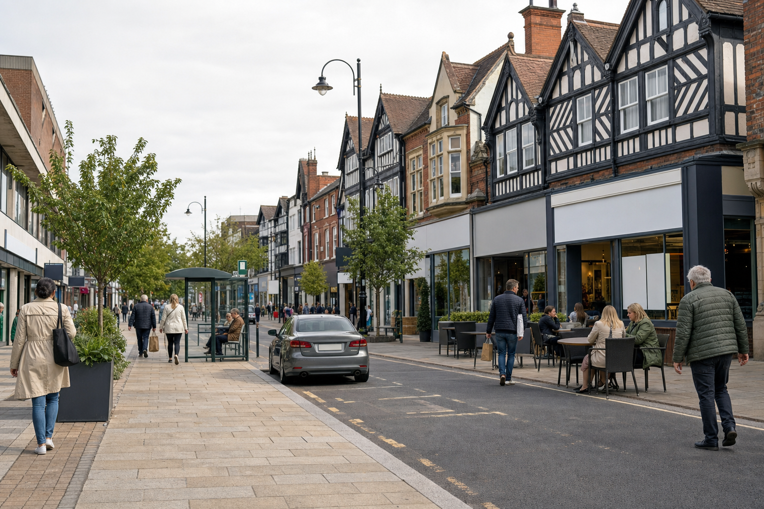 Pedestrians walk down a bustling street with Tudor-style buildings and outdoor café seating.