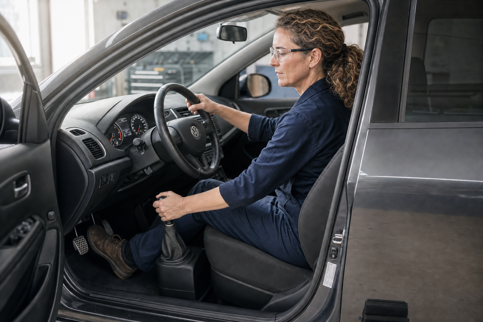 Woman in overalls sitting in a car, adjusting the gear stick while wearing safety goggles.
