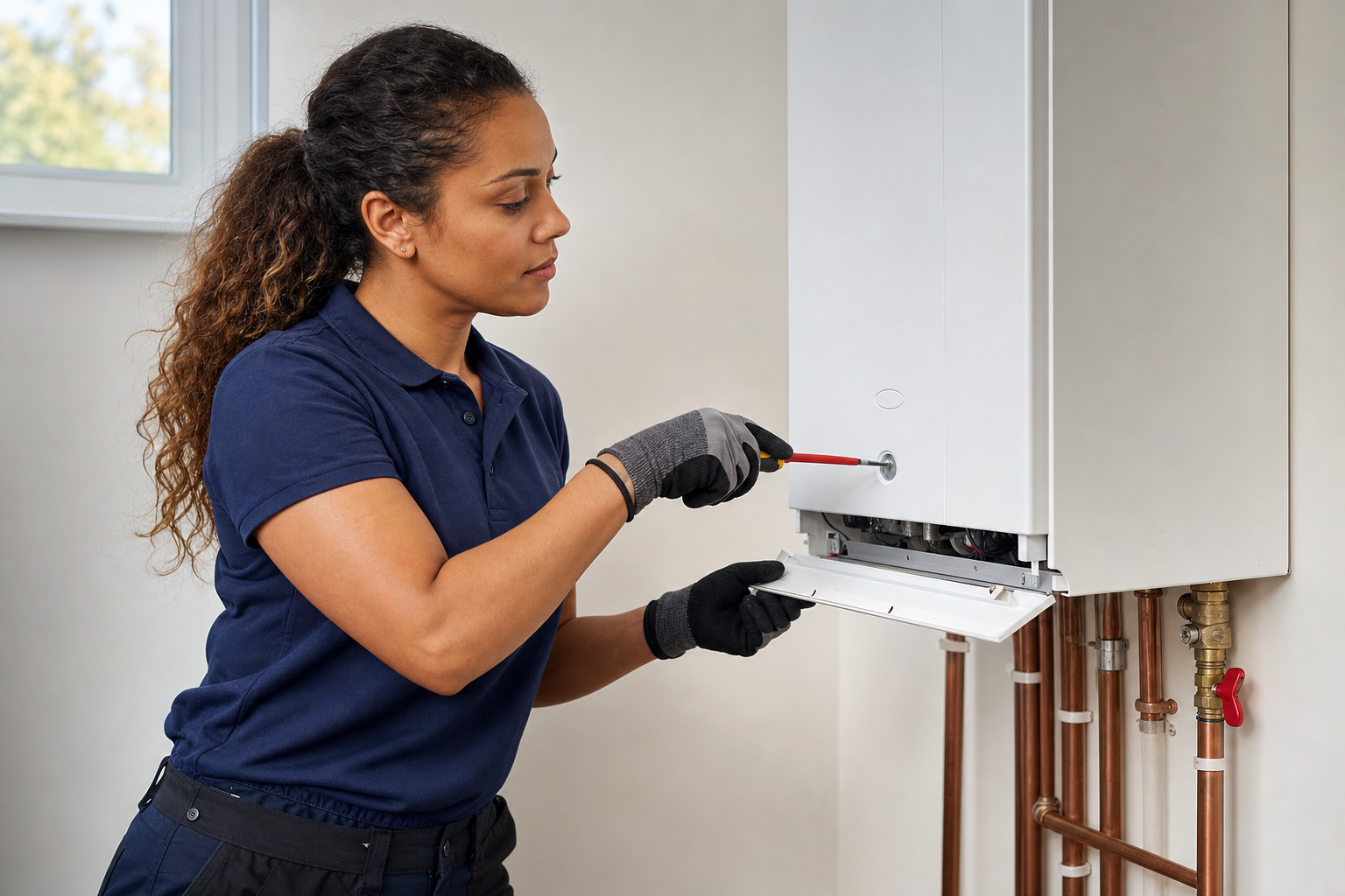 A technician in a blue shirt repairs a boiler using a screwdriver, surrounded by copper pipes.