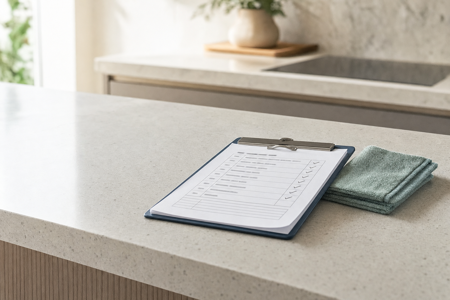 A checklist on a clipboard sits on a clean kitchen counter next to a folded green cloth.