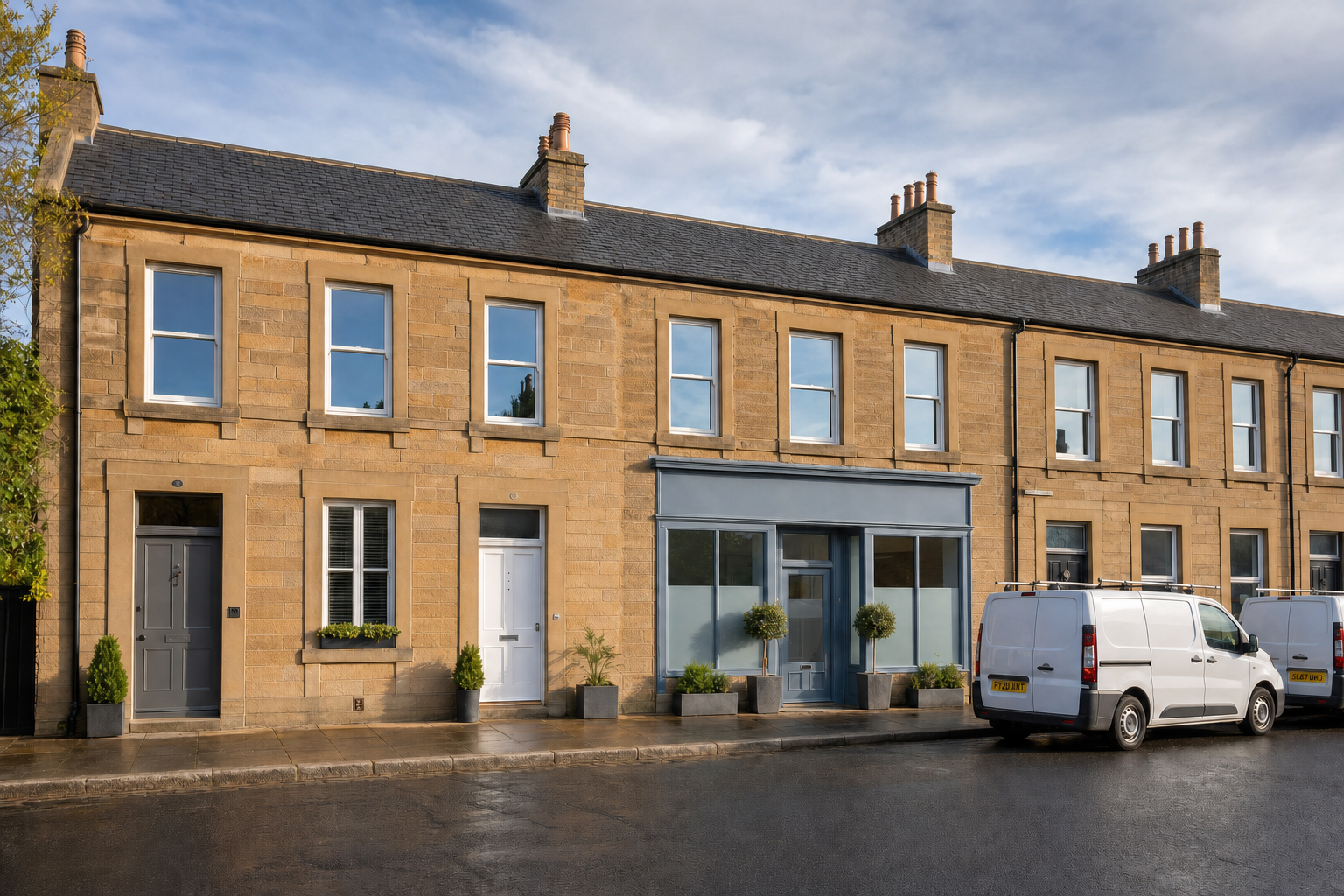 Terraced sandstone houses with blue and white doors, flanked by two white vans on a wet street.