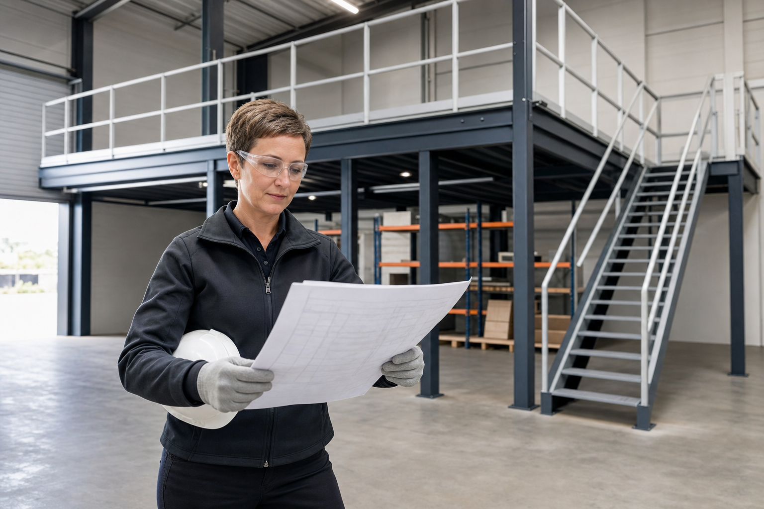 A woman in protective gear examines blueprints in a spacious industrial warehouse with a metal staircase.