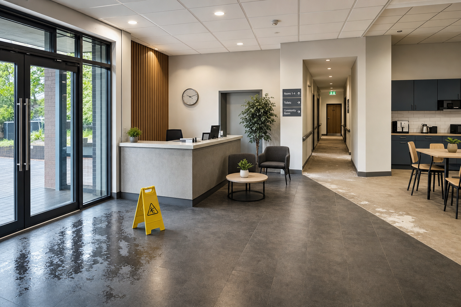 Lobby area with a wet floor warning sign, reception desk, and seating, providing a modern and inviting atmosphere.