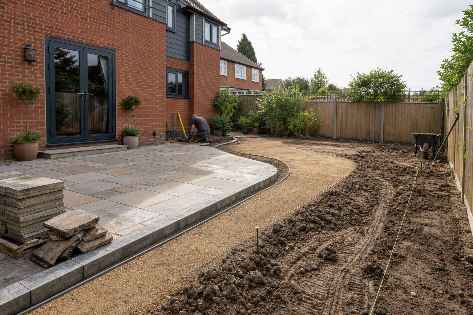 A worker measures the garden path alongside a newly paved patio next to a red-brick house.