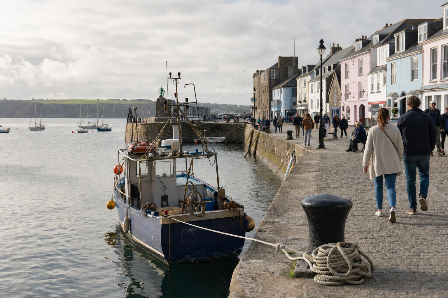 A fishing boat moored at a picturesque harbour with people strolling along the cobblestone quay.