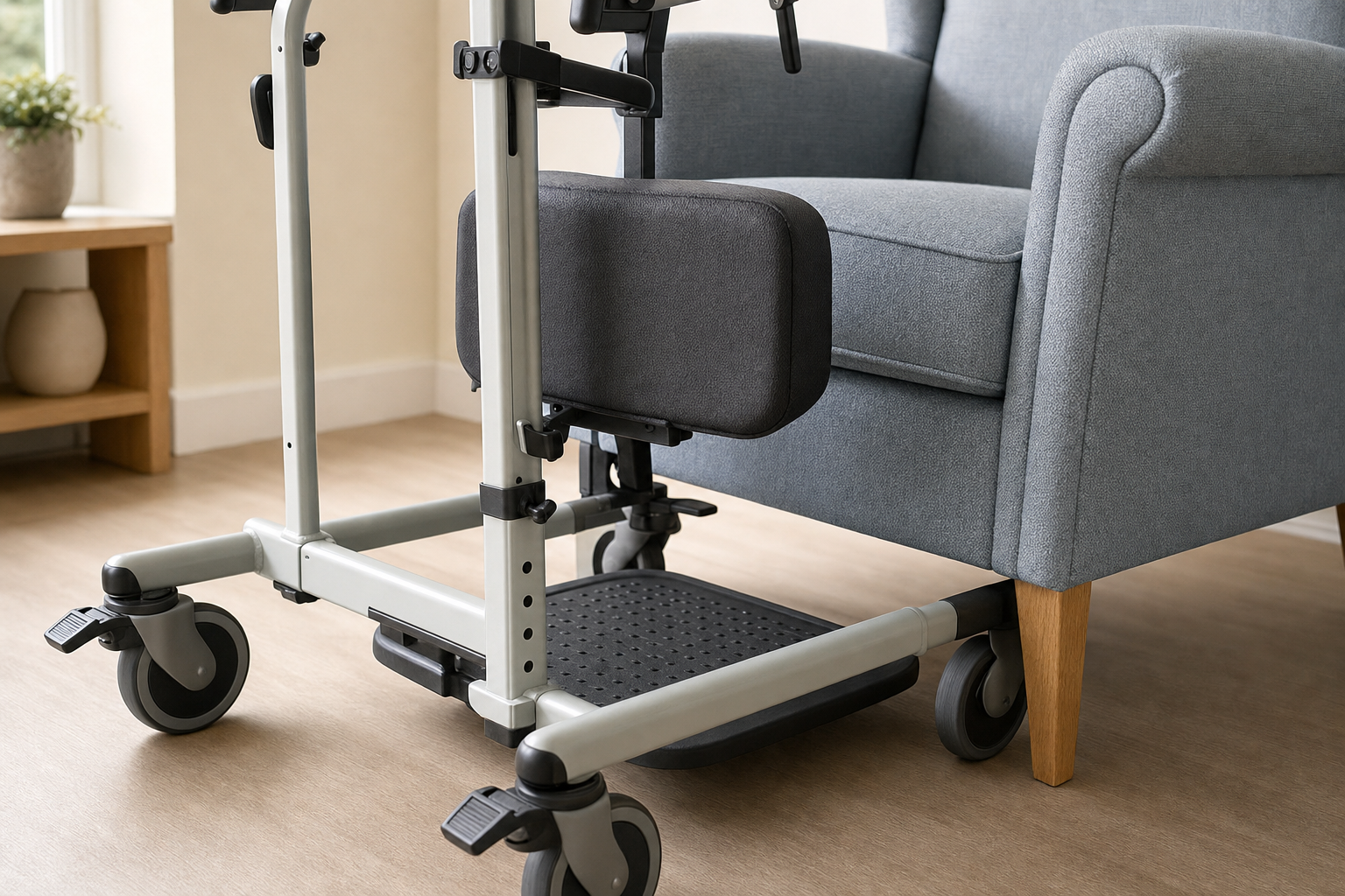Mobility aid with wheels positioned beside a grey armchair on a wooden floor.