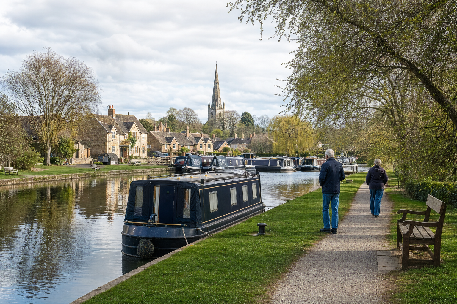 Canal boats moored alongside a path with people walking, surrounded by trees and traditional houses under a cloudy sky.