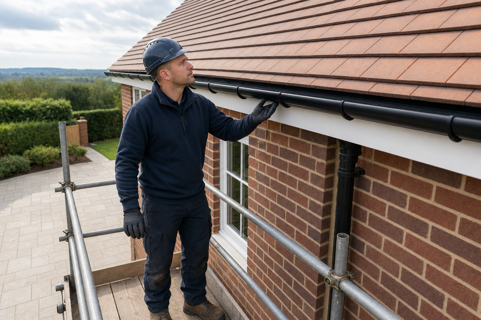 A construction worker wearing a hard hat and gloves inspects a house gutter system from scaffolding.