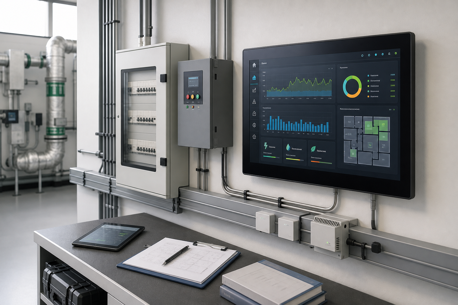 Modern control room with digital screen displaying energy management data, alongside control boxes and a desk with a tablet.