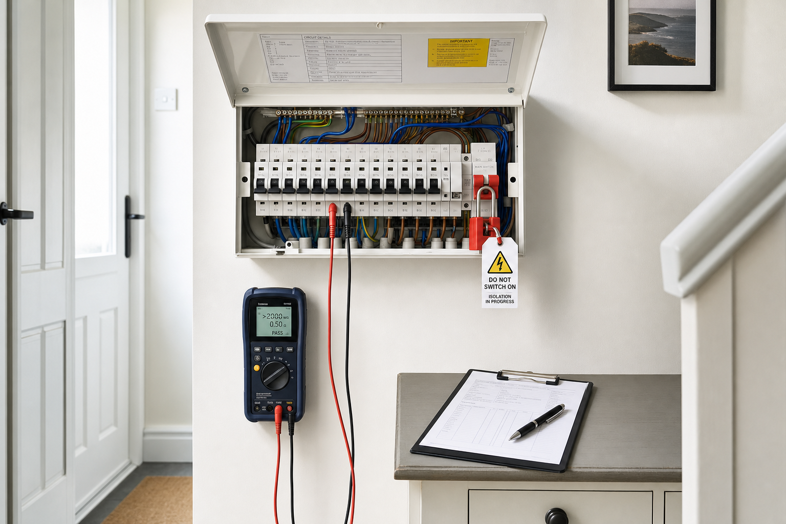 An open electrical fuse box with a warning tag and multimeter connected, next to a clipboard on a cabinet.