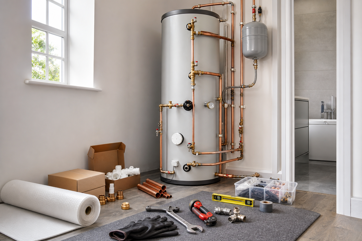 Hot water tank installation with tools, pipes, and fittings on a mat near a window.