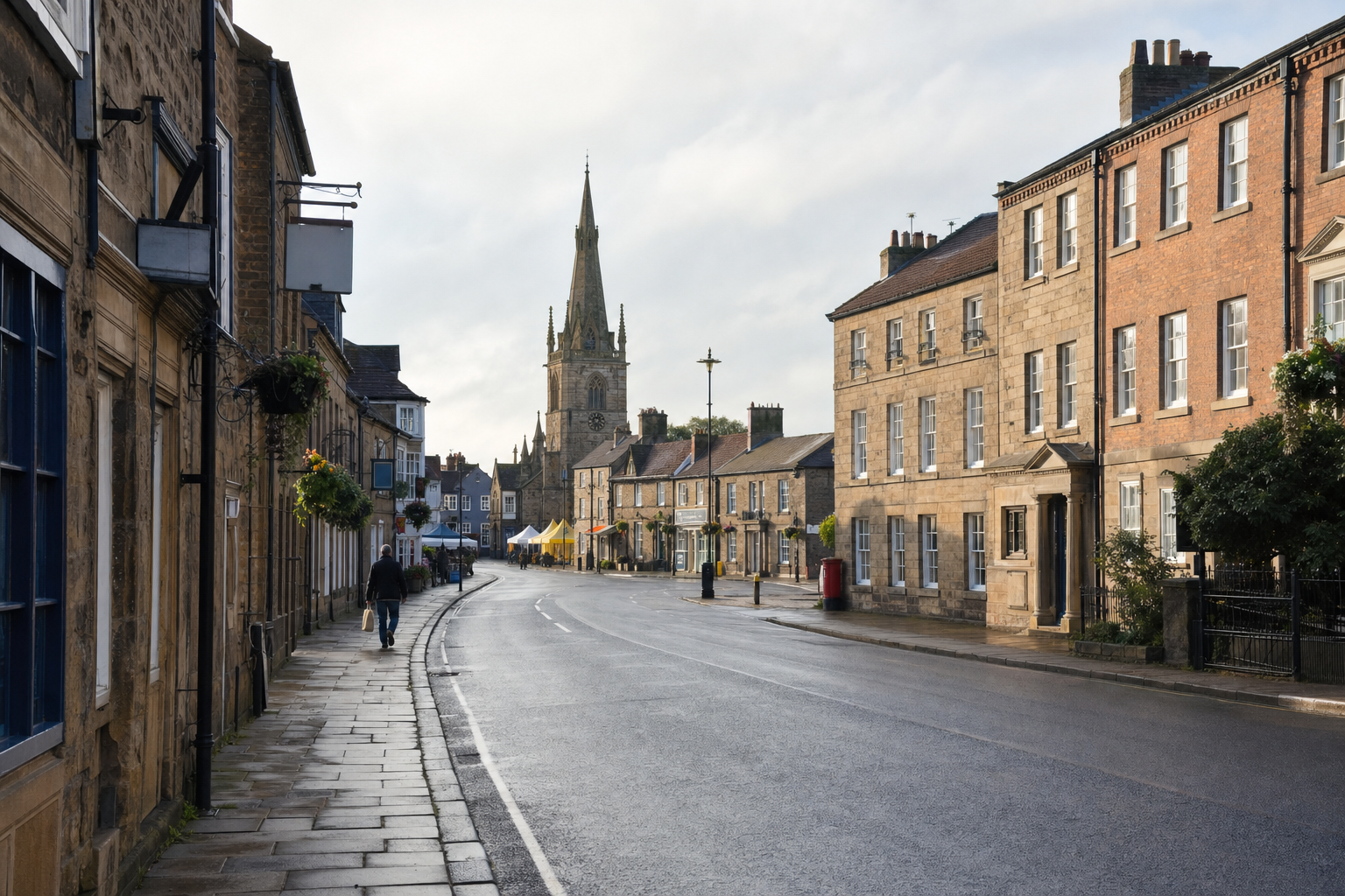 A quiet, cobbled street with historic stone buildings and a church spire in the distance on a cloudy day.