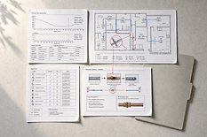Engineering diagrams and charts for a pressure testing setup are spread on a table beside an open folder.