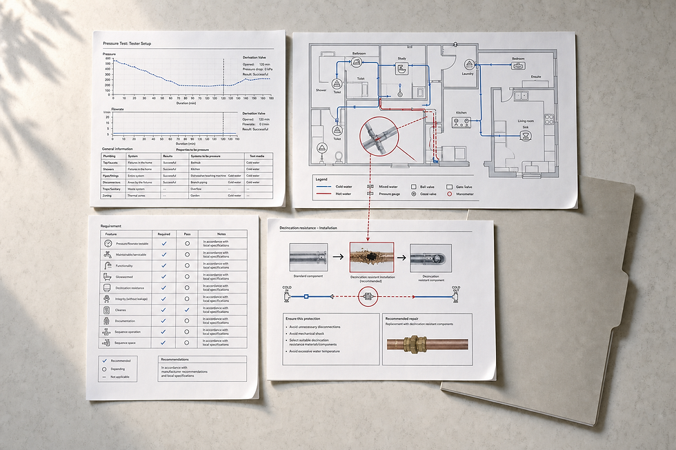 Engineering diagrams and charts for a pressure testing setup are spread on a table beside an open folder.