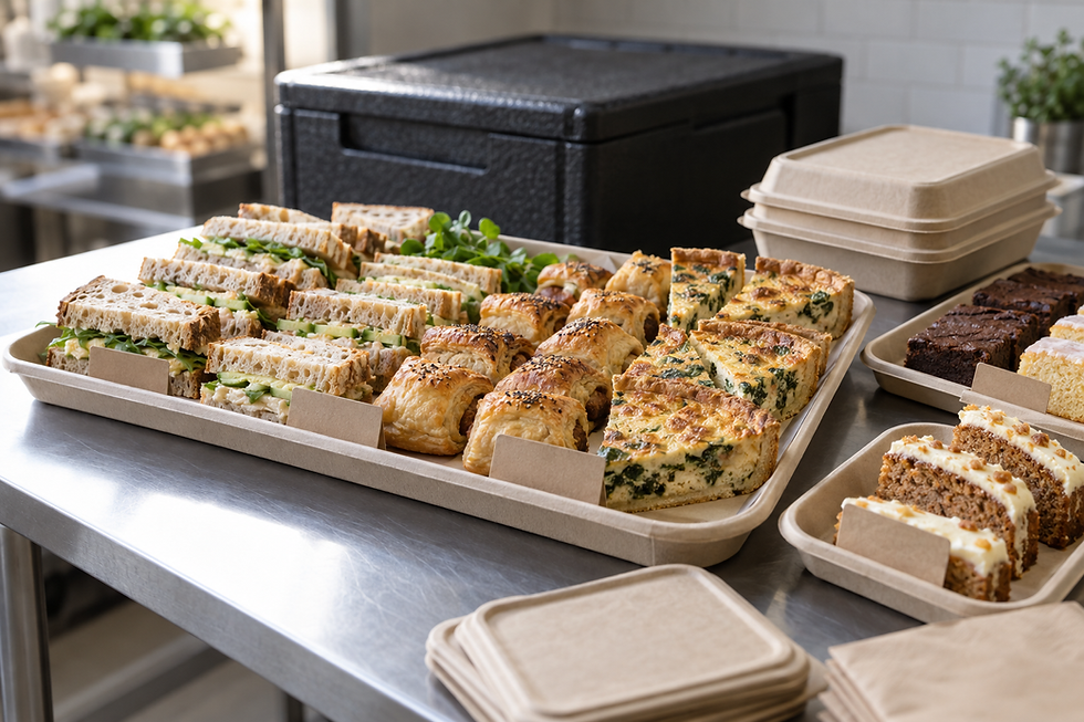 A selection of sandwiches, pastries, quiche, and cake slices on trays on a catering counter.