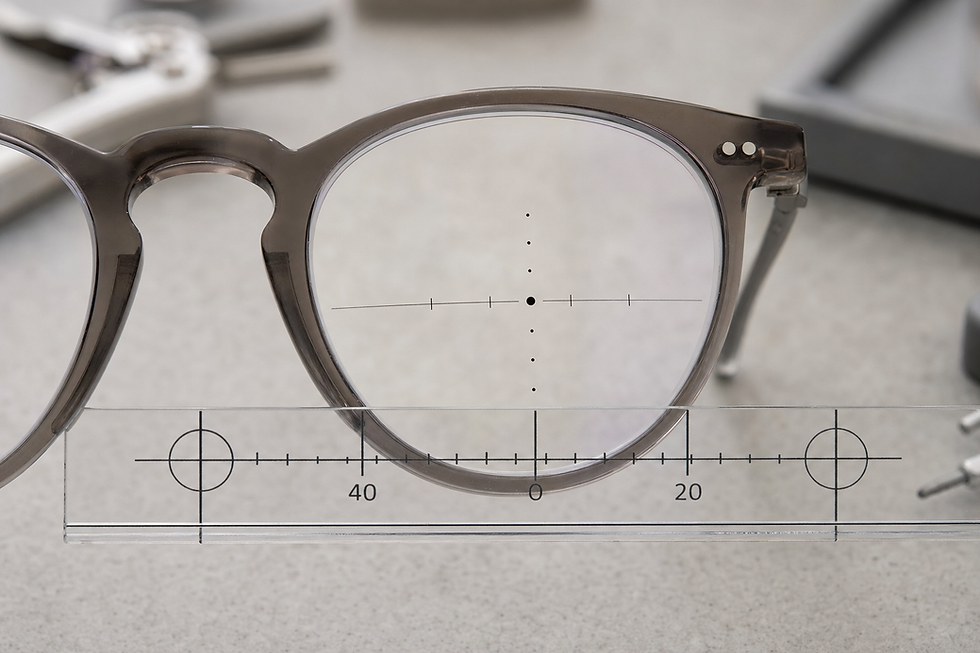 Brown glasses with focus markings on the lens, set against a blurred background of tools.