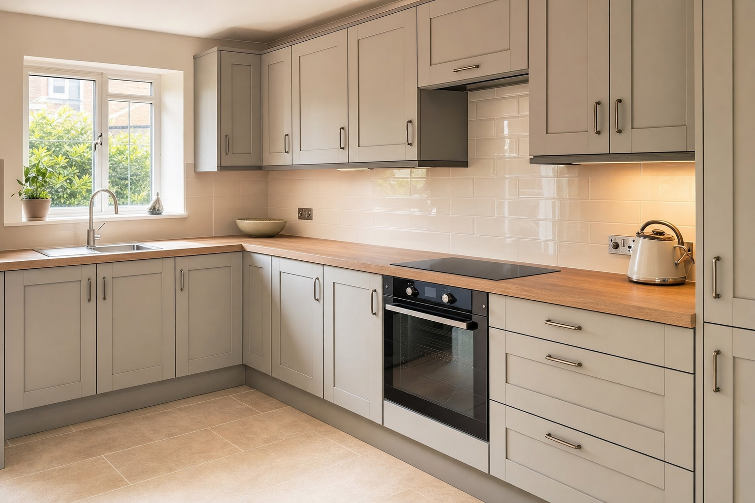 Modern kitchen with grey cabinets, wooden countertops, an electric hob, and a large window allowing natural light.