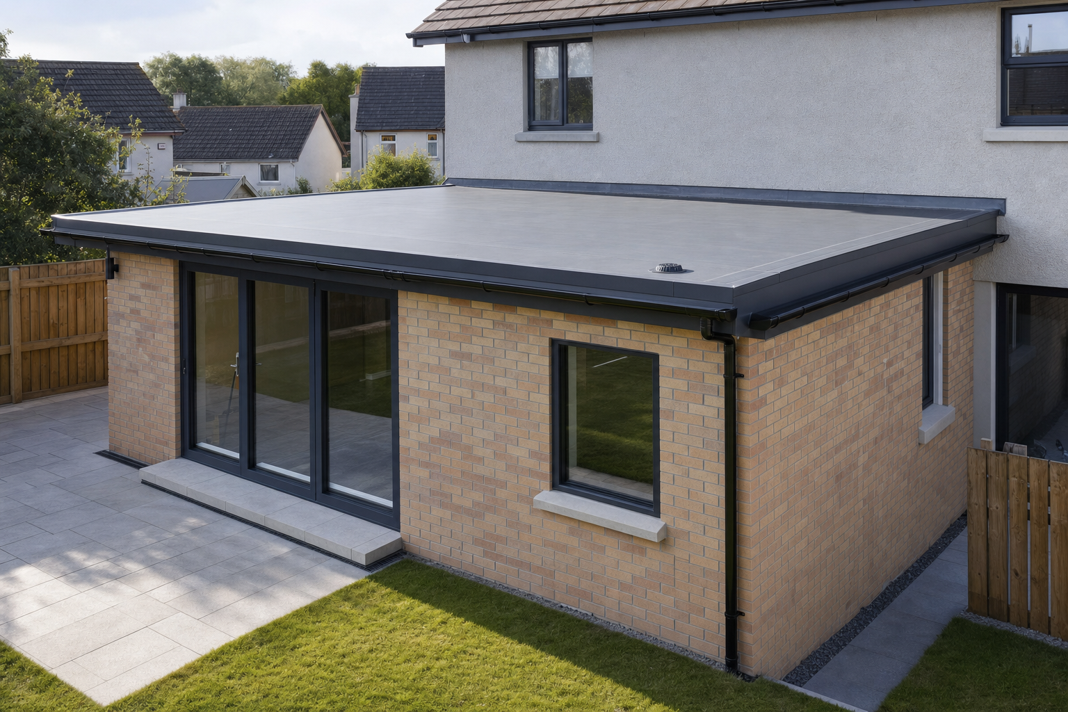 A modern single-storey extension with a flat roof and large glass doors, situated in a residential garden.