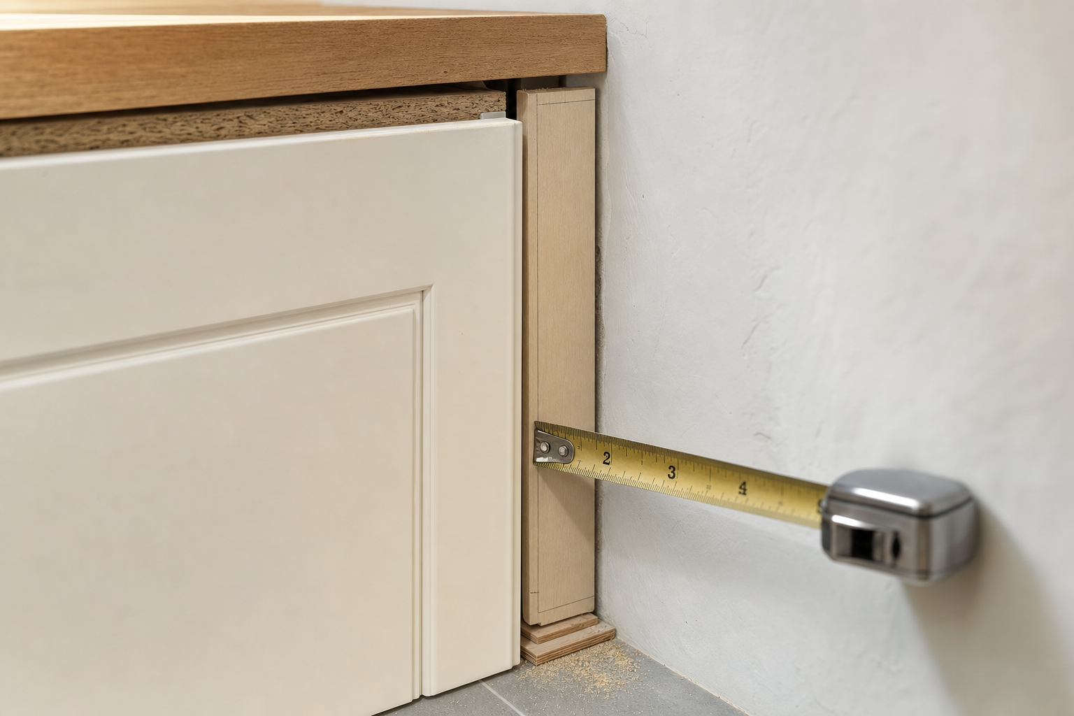 A tape measure extends from a cabinet to the wall, showing a gap measurement of about four inches.
