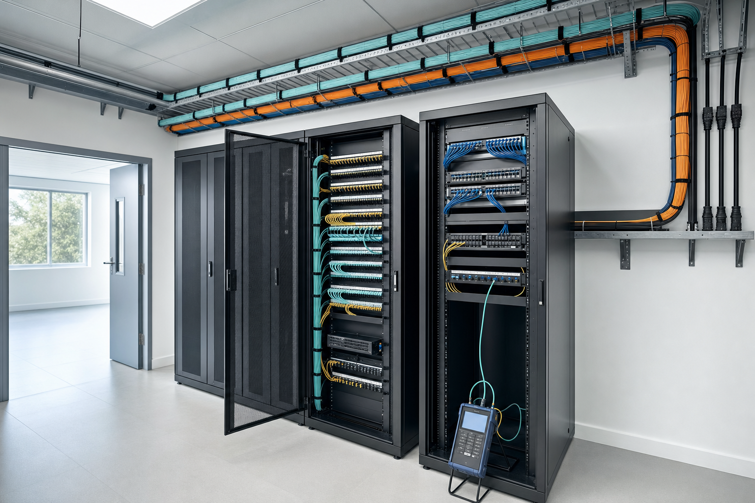 Open server rack with cables neatly organised, located in a bright, modern data centre room.