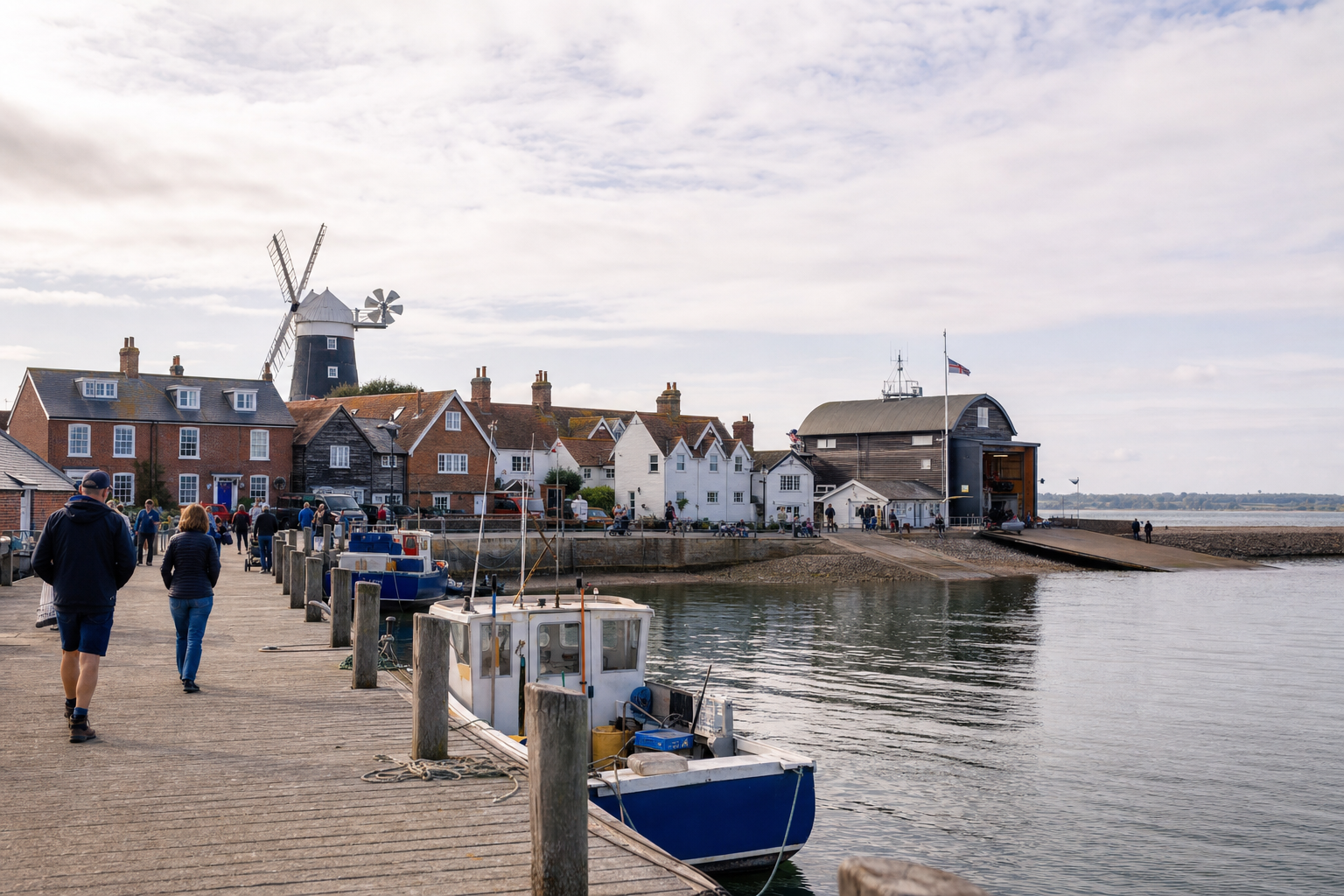 A charming coastal village with a windmill, docked boats, and people walking along a wooden quay.