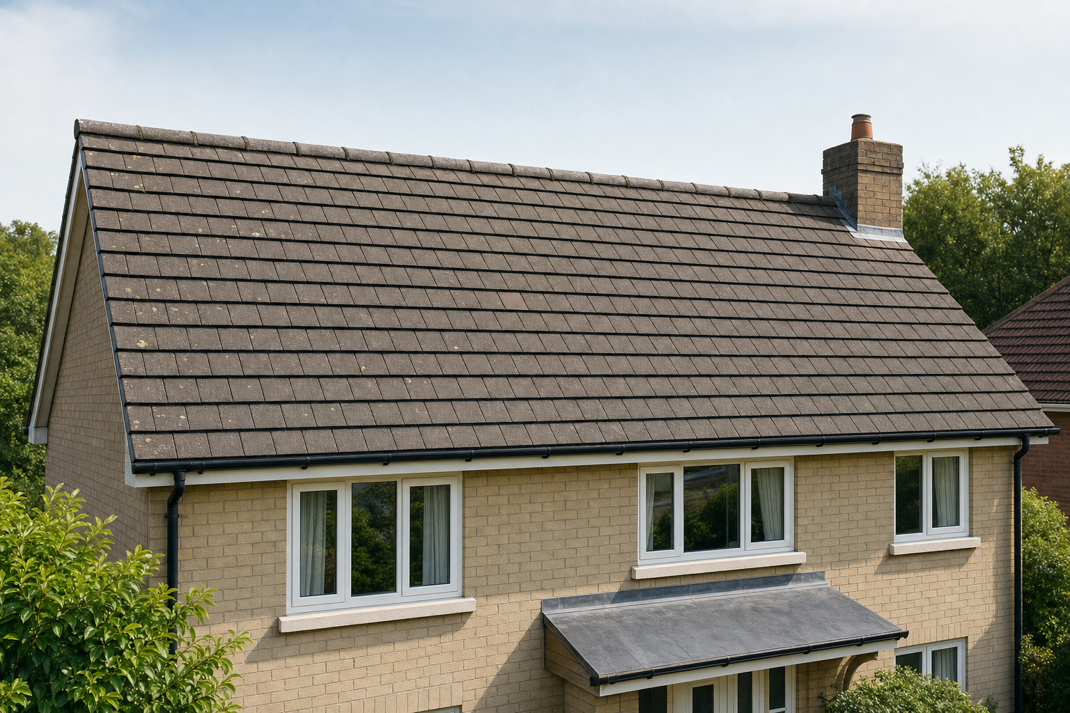 Slate-roofed house with beige brick walls, featuring a chimney and white-framed windows, set against a clear sky.