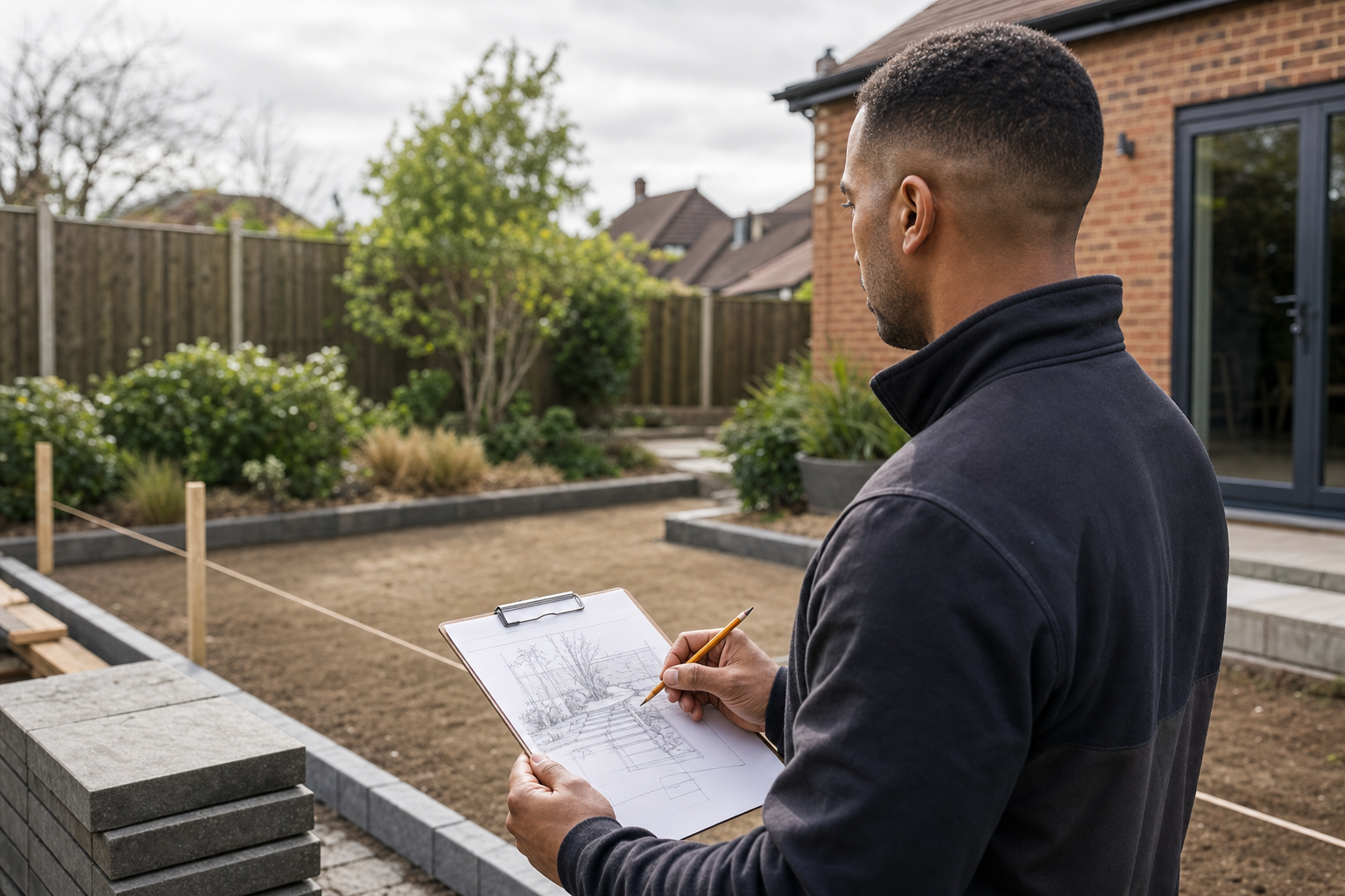 A man holding a clipboard and pencil observes a garden under construction behind a brick house.