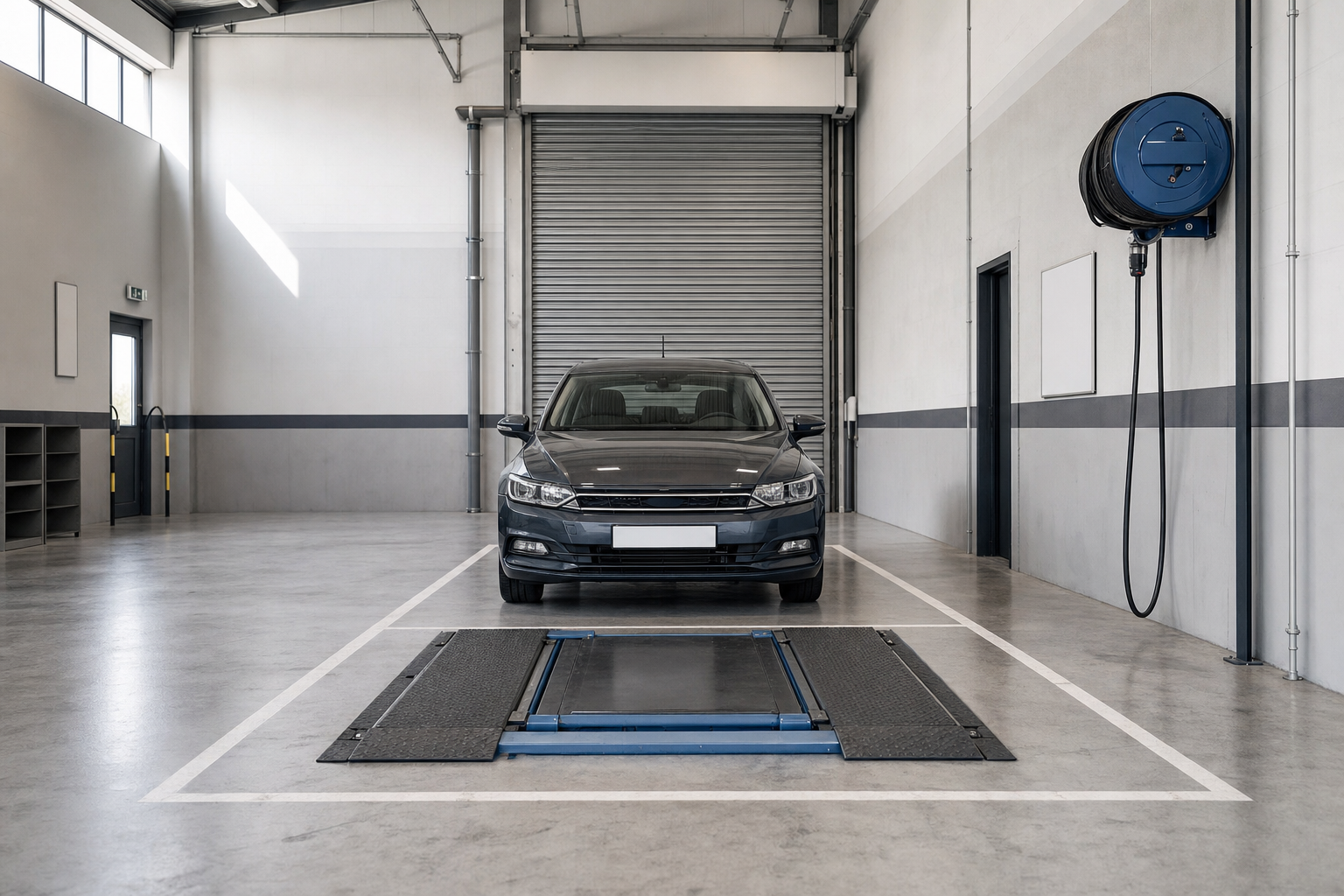 A black car parked in a spacious garage with a roller door and wall-mounted hose reel.