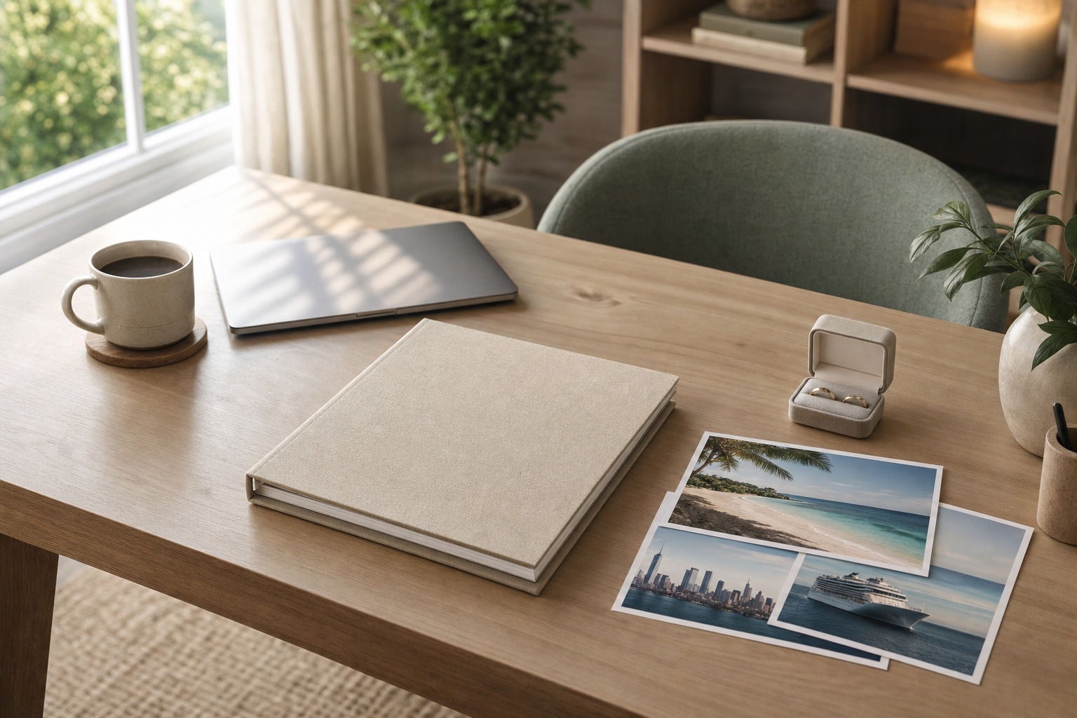 A cosy workspace with a notebook, laptop, coffee, travel photos, and wedding rings in a box on a wooden desk.