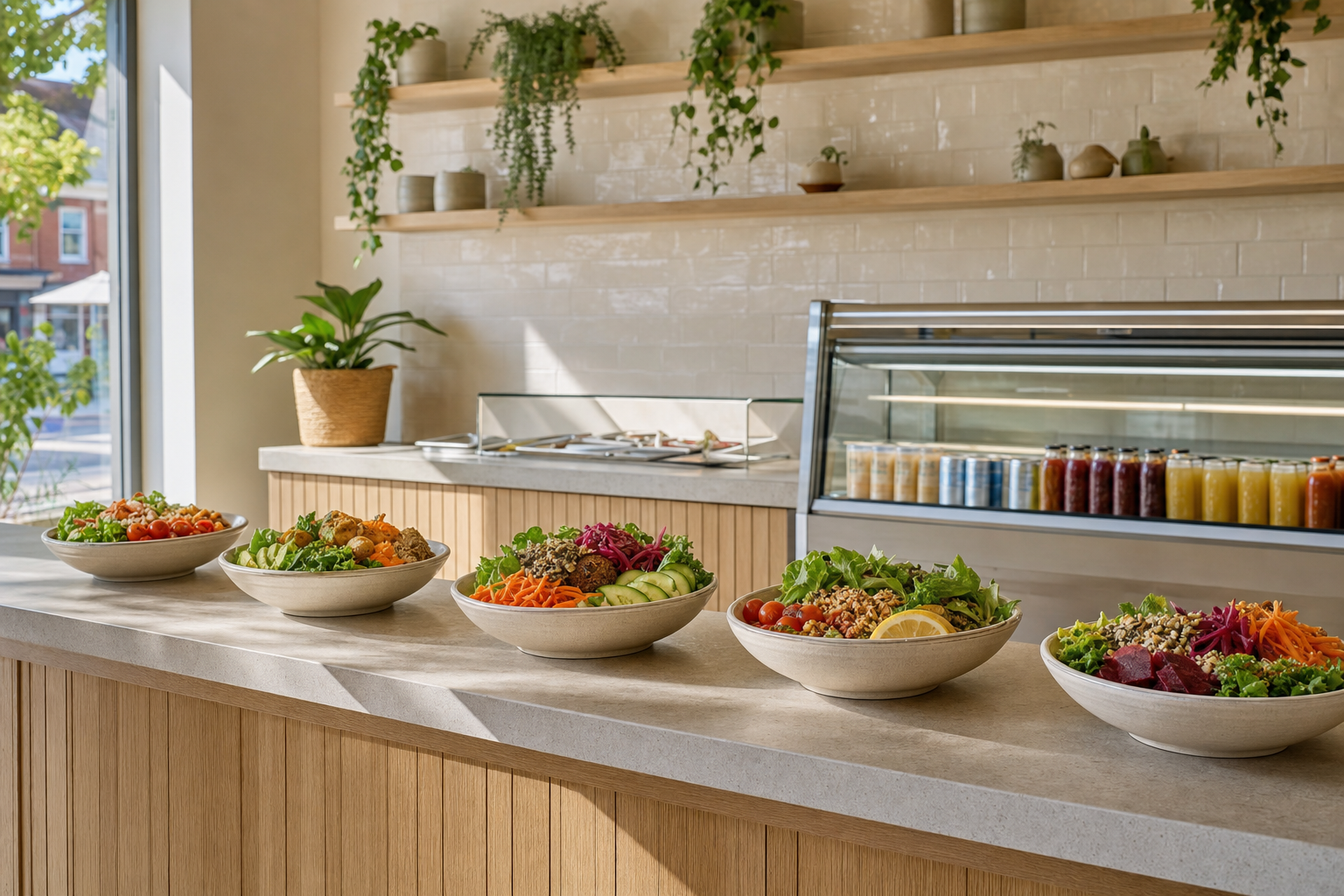 A selection of colourful salad bowls displayed on a countertop in a bright, modern café setting.