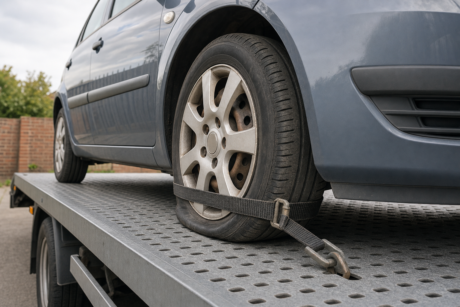 A car with a flat tyre is secured on a tow truck.