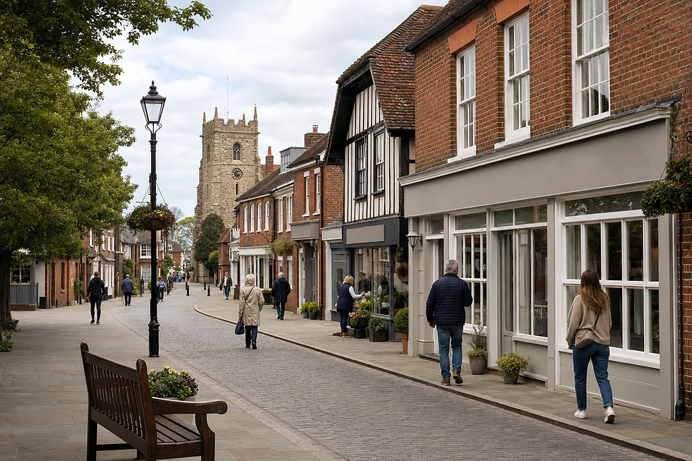 A quaint cobblestone street with people walking by shops and a historic church tower in the background.