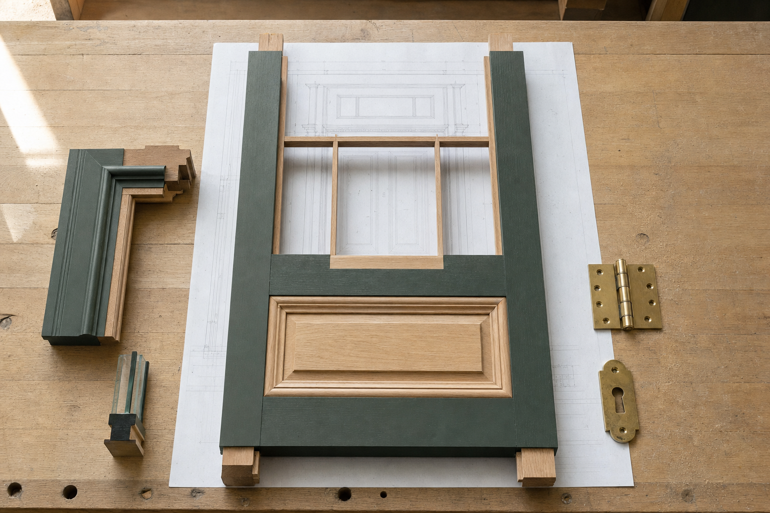 Wooden cabinet door assembly on a workbench with brass hinge and lock plate.