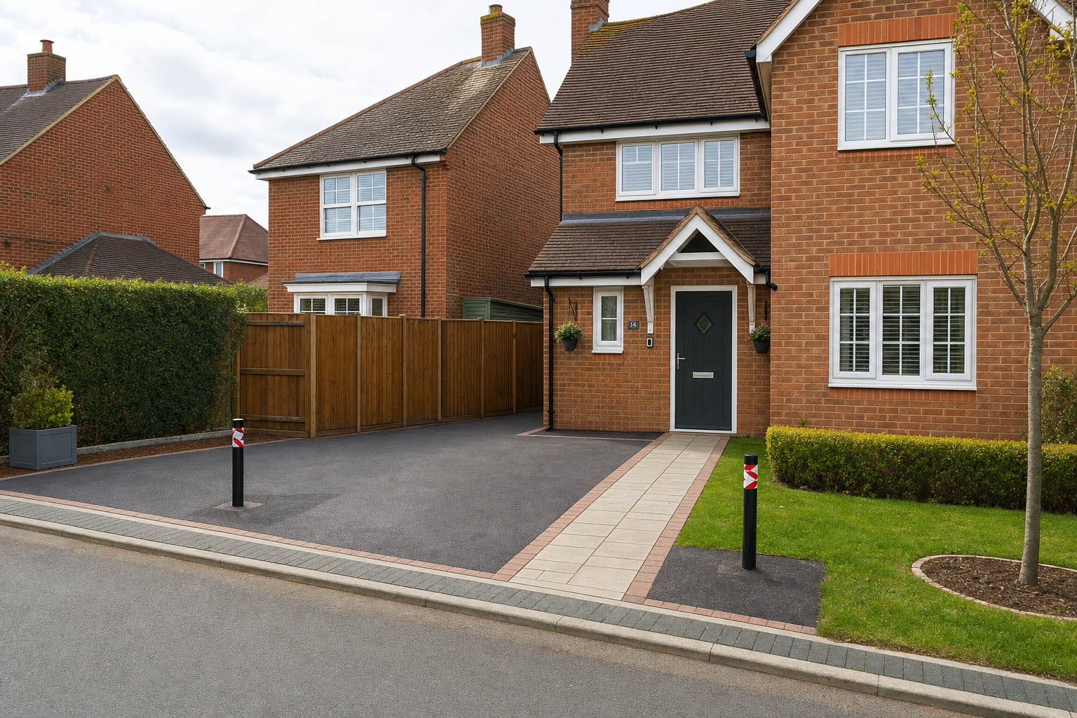 Modern brick house with a paved driveway and a neatly trimmed front garden.
