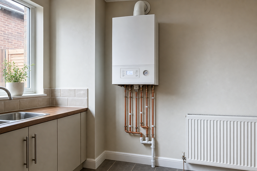 A modern white boiler with copper piping in a freshly painted kitchen featuring a radiator and window.