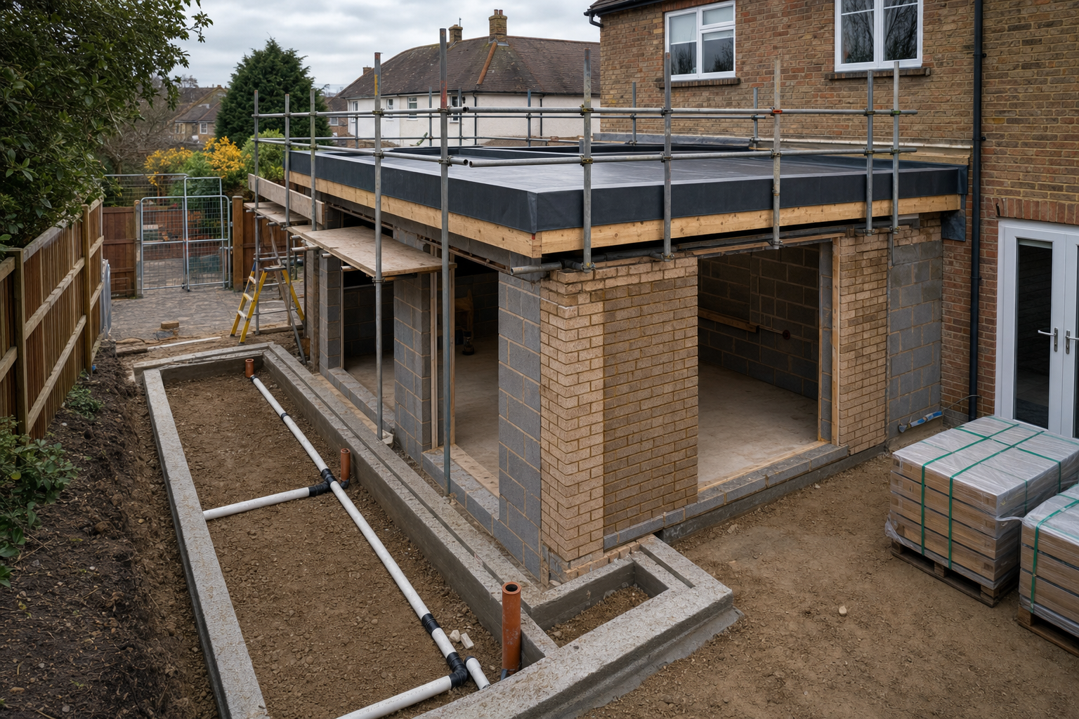 A brick extension under construction with scaffolding and visible drainage pipes in a residential backyard.