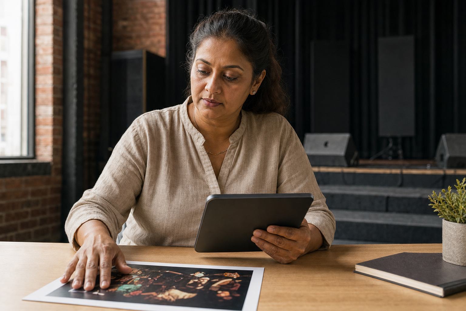 A woman sits at a table reviewing an image and using a tablet in a modern brick-walled interior.