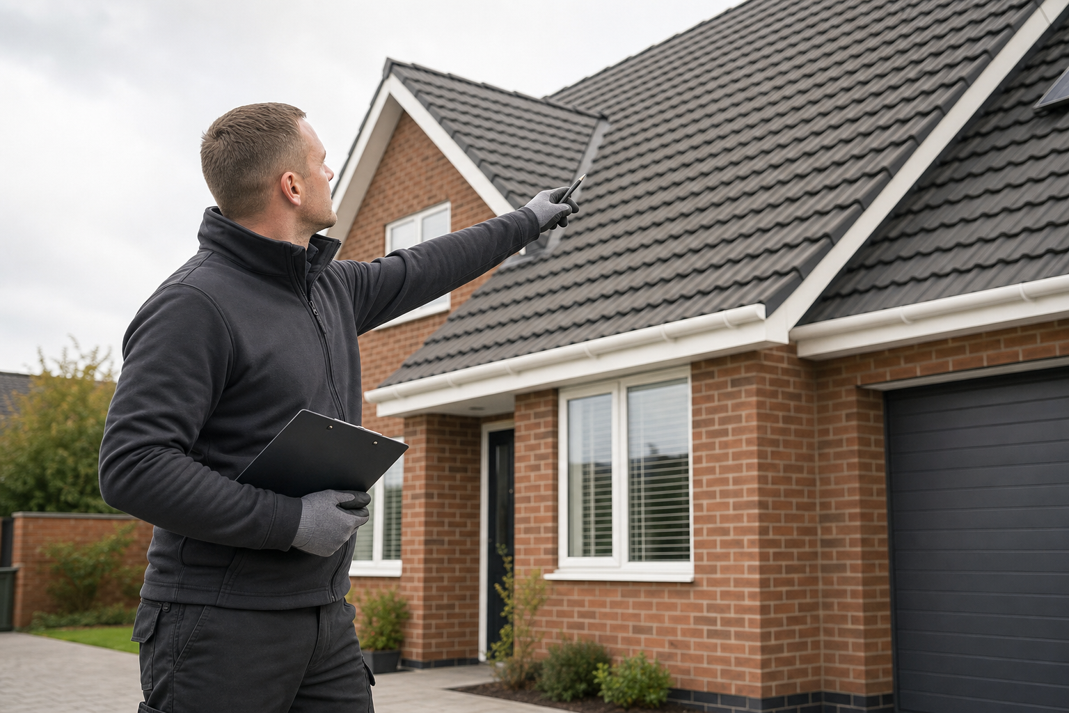 A person in a dark jacket inspects a house's roof while holding a clipboard.