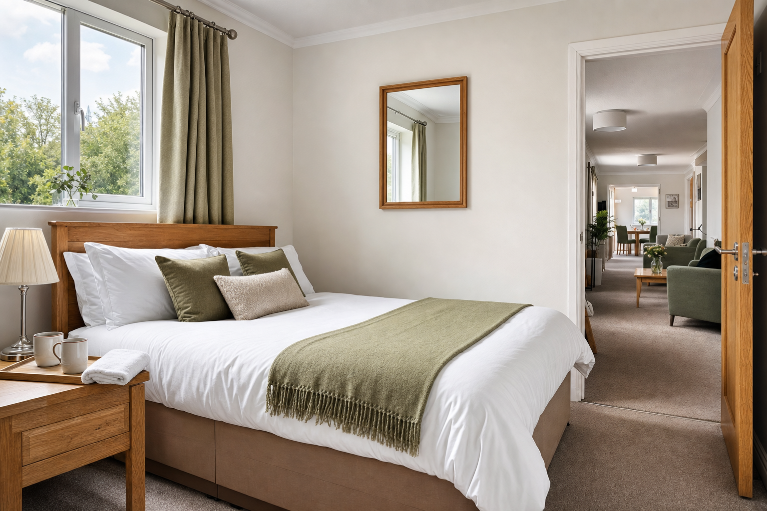 Cosy bedroom with a wooden bed, green accents, and a view into a bright living area with seating and dining space.