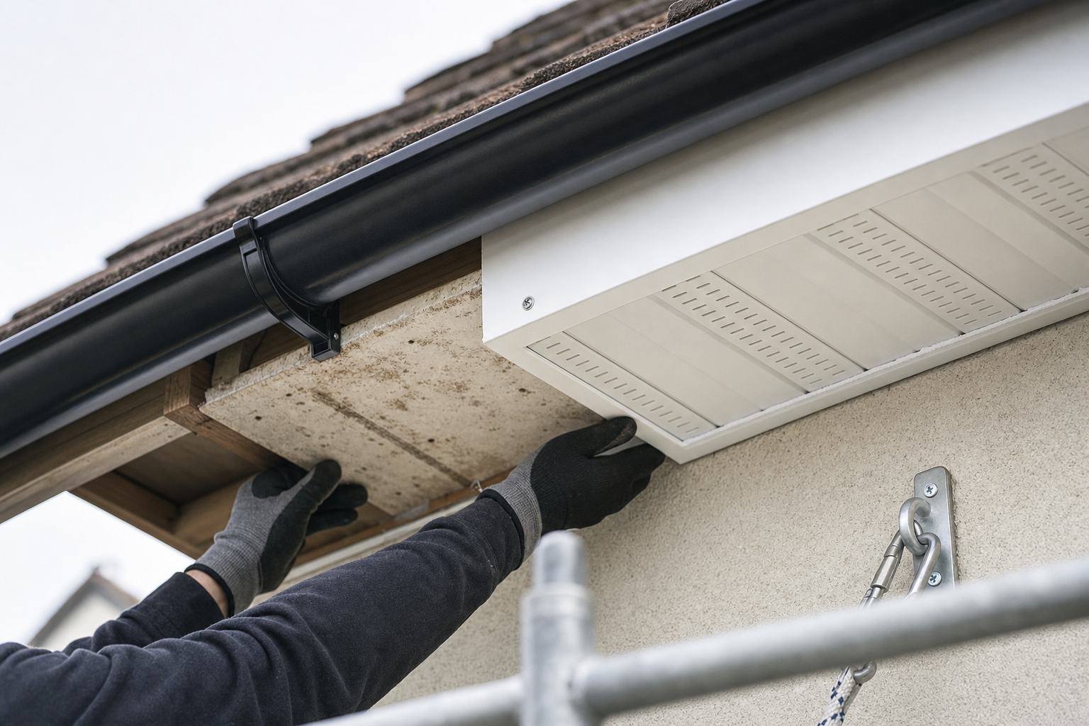 A person wearing gloves installs a soffit panel beneath a roof with a visible gutter and safety harness attachment.