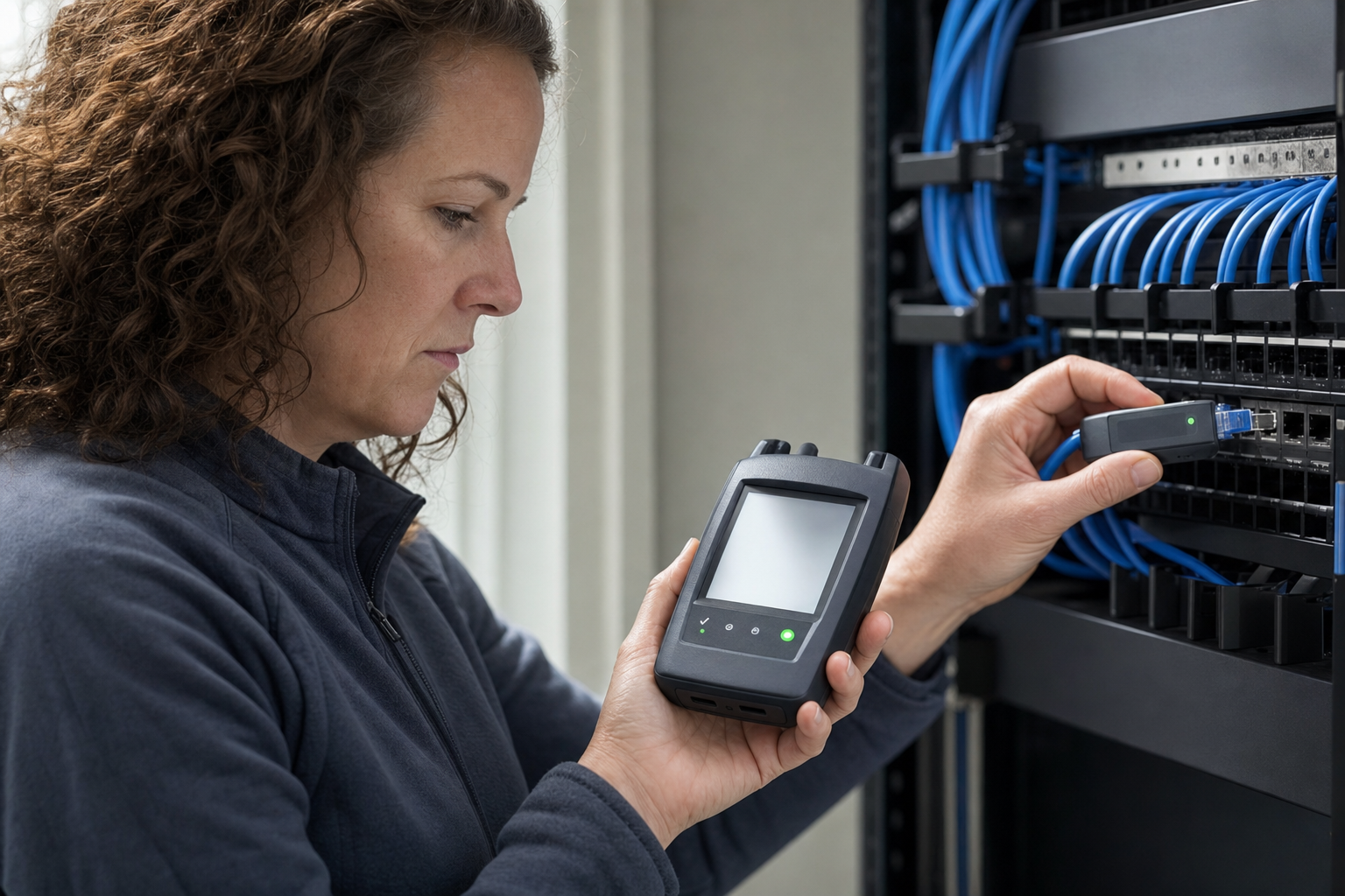 A woman tests network cables in a server room using a handheld device.