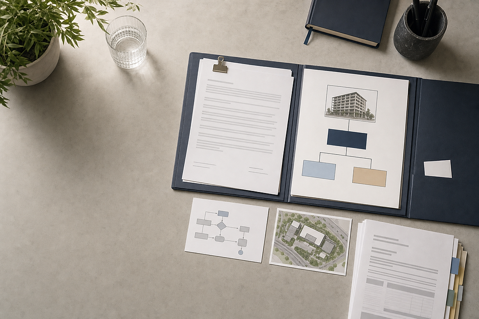 Documents and diagrams neatly arranged on a desk next to a notebook, pens, a plant, and a glass of water.